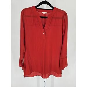 Adrienne Womens Sz L Long Sleeve Tunic Length Blouse Red Split Y Neckline